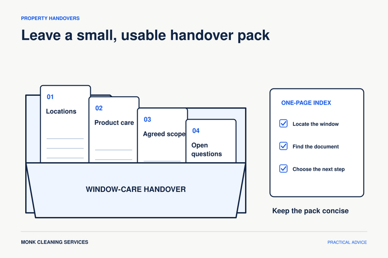 An open folder contains four labelled sheets for window locations, product care, agreed cleaning and outstanding questions, with a short index beside it.